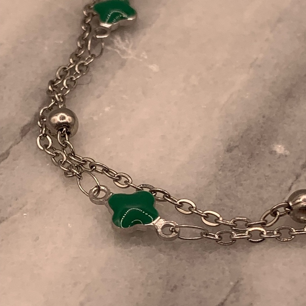 Stainless Steel Dark Turquoise Double Strand Clover Bracelet
